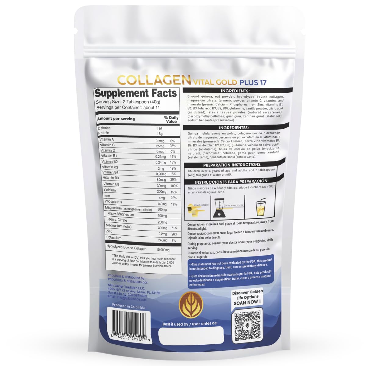 Gold Vital Life Collagen Peptides Powder - Hydrolyzed Collagen with +17 Super Ingredients, Vanilla Flavor, 16 oz