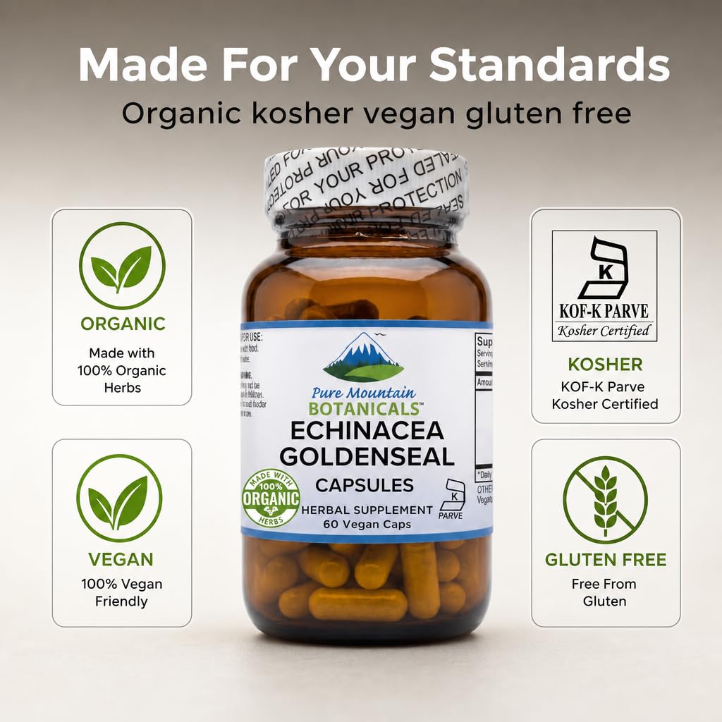 Pure Mountain Botanicals Echinacea Goldenseal Capsules 450mg Organic Echinacea and Goldenseal Root Complex, 90 Count
