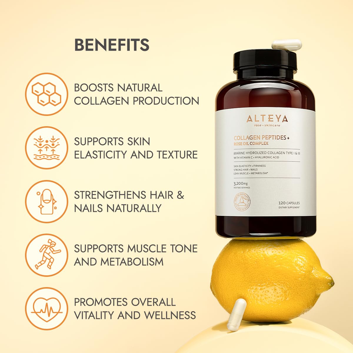 Alteya Organics Collagen Peptides & Rose Oil Complex Capsules 120 Count
