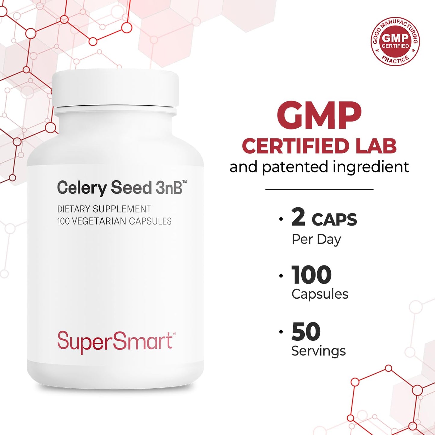 Supersmart Celery3nb 150mg per Day Natural Celery Seed Extract Supplement Well-Tolerated Phthalides, Non-GMO & Gluten Free, 100 Vegetarian Capsules