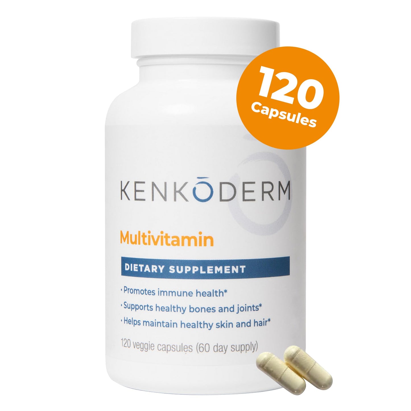 Kenkoderm Multivitamin for Immune, Skin & Joint Support – Vitamins A, D, Folate, Collagen, MSM & Glucosamine – 120 Veggie Capsules
