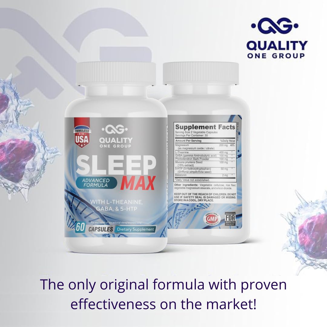 QUALITY ONE Sleep Support Supplement with Magnesium Oxide, Magnesium Citrate, Melatonin, GABA, Mucuna pruriens Seed, L-Theanine and 5-HTP Capsules, 60 Count