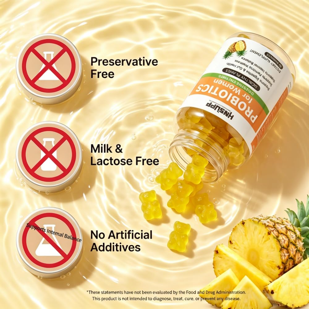HNSUPP Women Probiotic Gummies Sugar Free Tropical Pineapple Chew, 60 Count