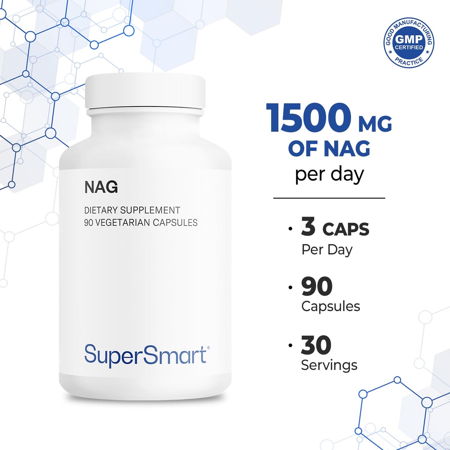 Supersmart NAG Supplement 1500mg per Day (N-Acetyl Glucosamine) High Absorption Glucosamine Sulfate, 90 Capsules