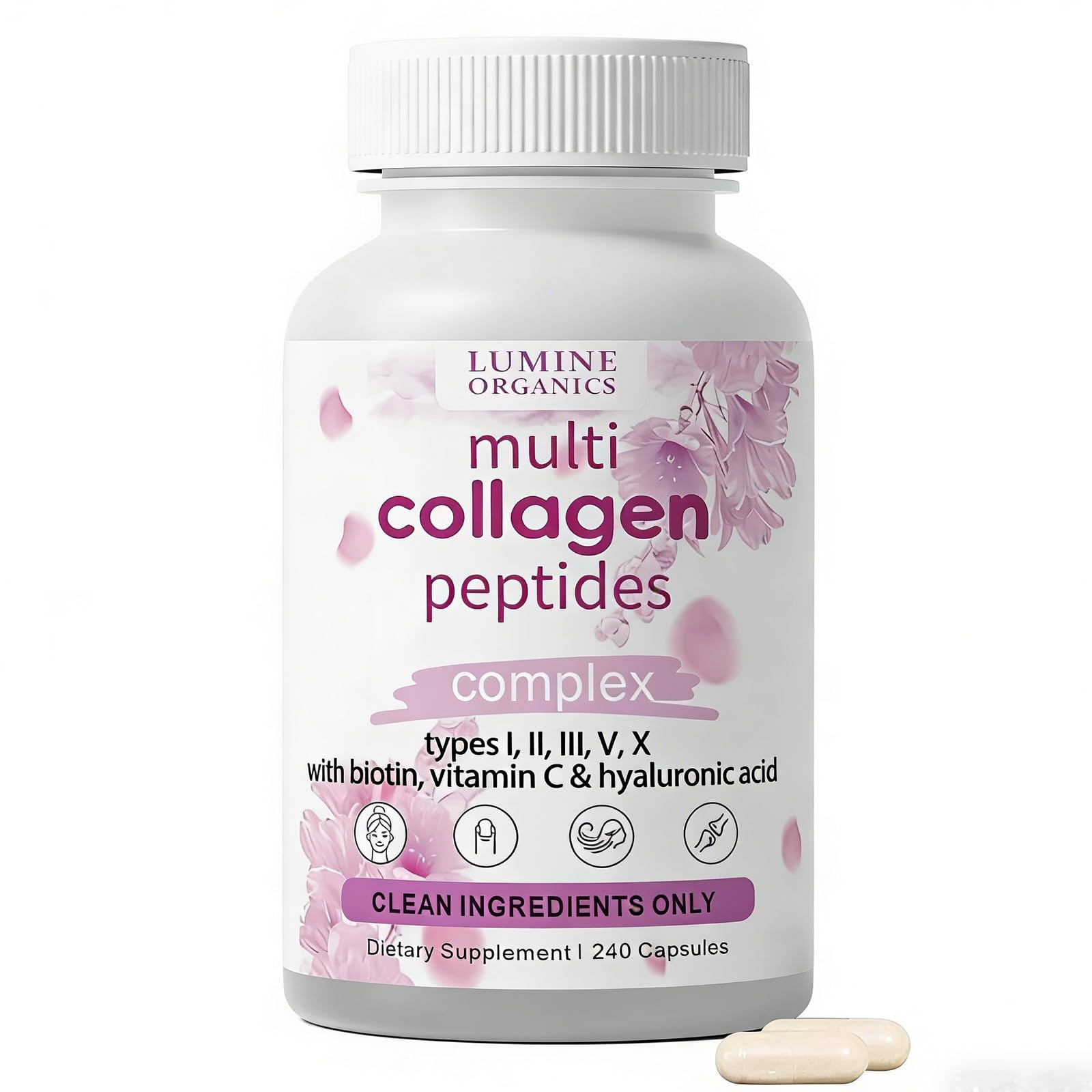 Lumine Organics Collagen Peptides Capsules with Biotin, Hyaluronic Acid, Vitamin C, Non-GMO, 240 Count