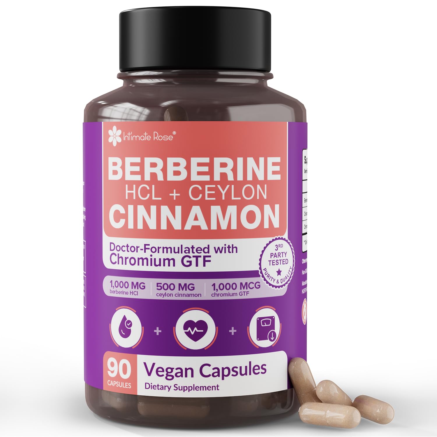 Intimate Rose Berberine Capsule 1500mg Max Potency with Ceylon Cinnamon & Chromium, Metabolic Wellness & Immune System Support, 90 Capsules