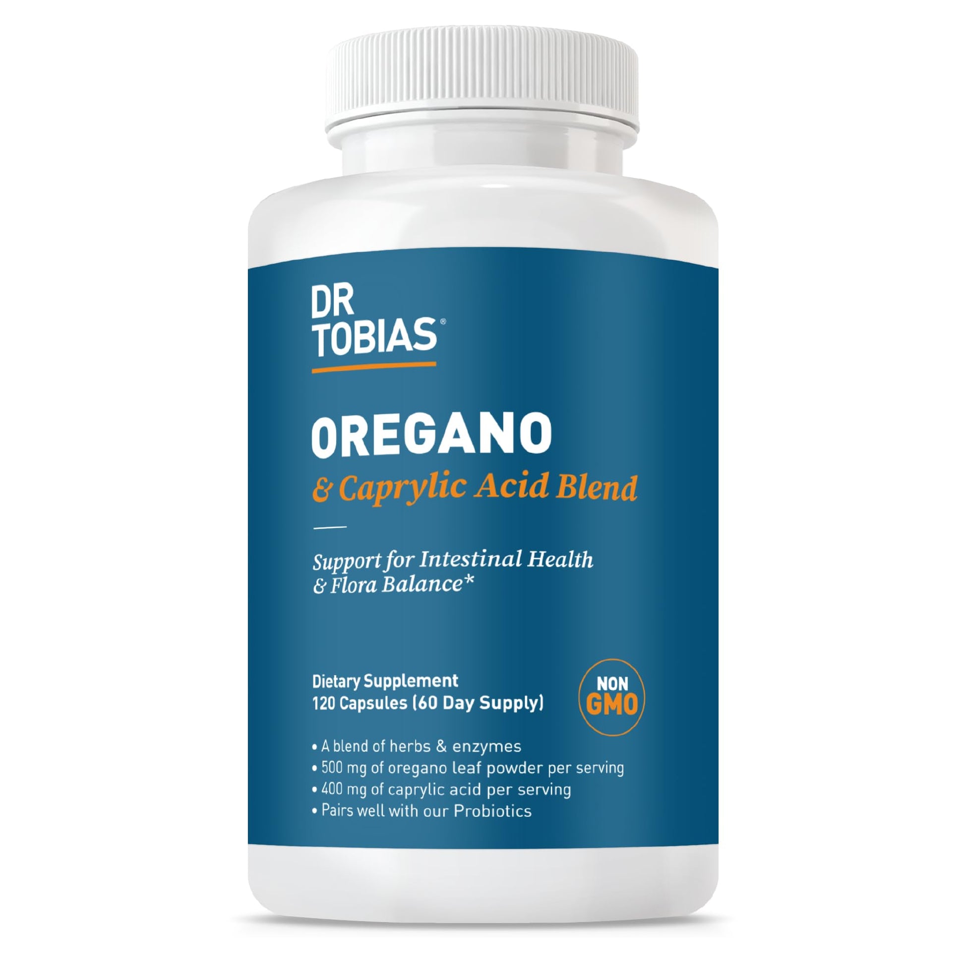 Dr. Tobias Oregano and Caprylic Acid Blend, Gut Flora Balance Complex with Probiotics & Enzymes for Intestinal and Immune Support, 120 Capsules