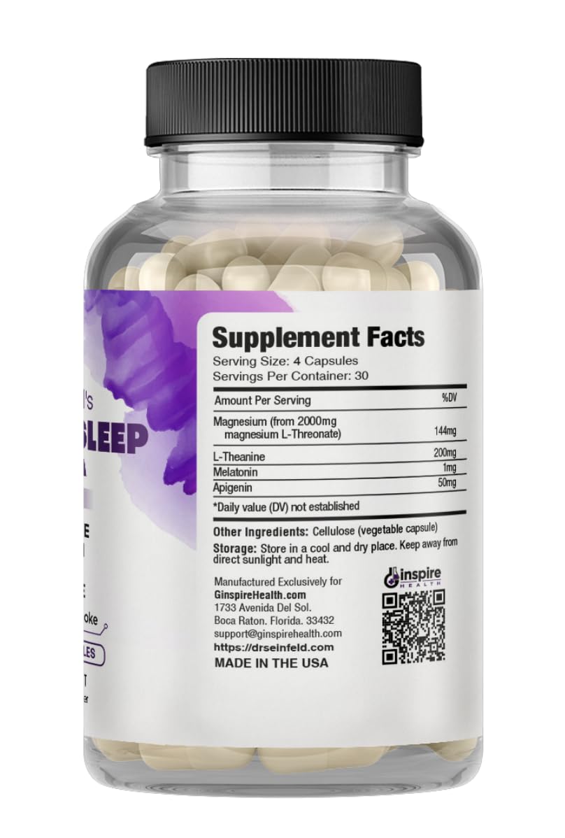 GINSPIRE NUTRITION Sleep Support Formula - L-Threonate, Apigenin, Melatonin, L-Theanine - 120 Capsules - 4-in-1 Non-Habit Forming Sleep Supplement