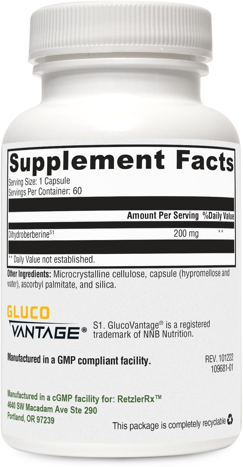 HormoneSynergy RetzlerRx Berberine 5X 200mg as Dihydroberberine Capsules, 60 Count