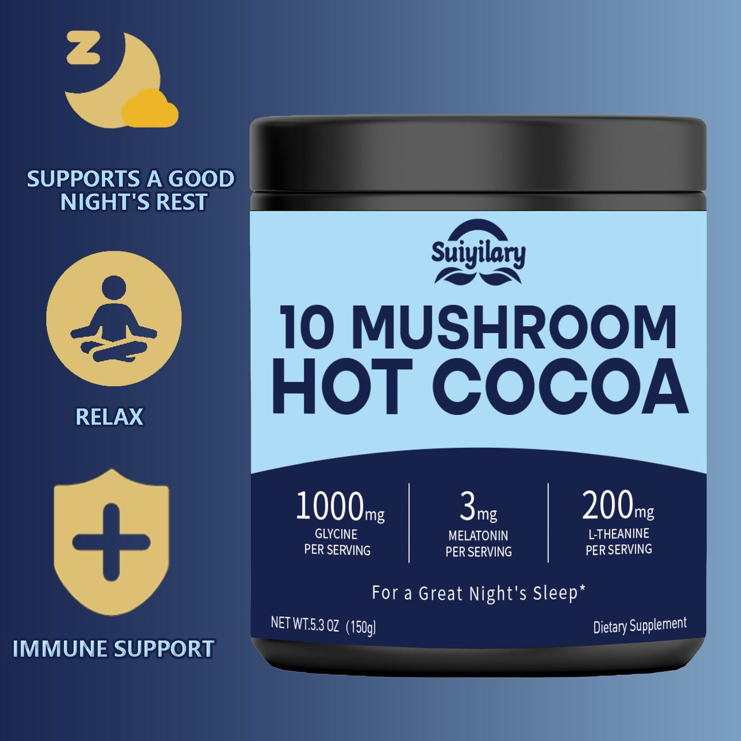 Suiyilary 10 Mushroom Hot Cocoa Powder With Melatonin, 5.3 Ounce, 15 Servings