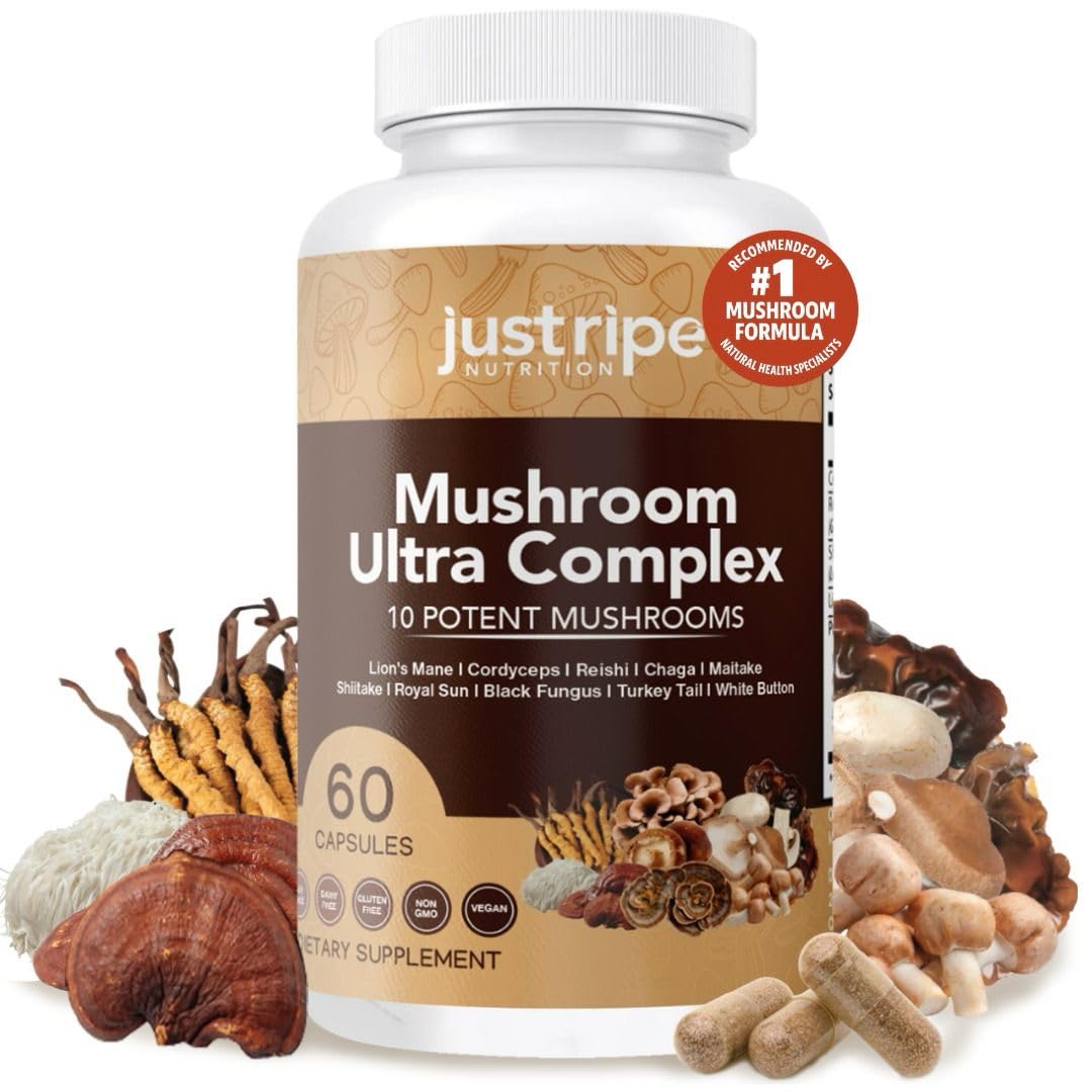 Just Ripe Nutrition Mushroom Ultra Complex Reishi, Cordyceps, Lions Mane & Shiitake Immune System Booster & Nootropic Brain Supplement - Enhance Memory and Focus - Stress Relief 60 Capsules