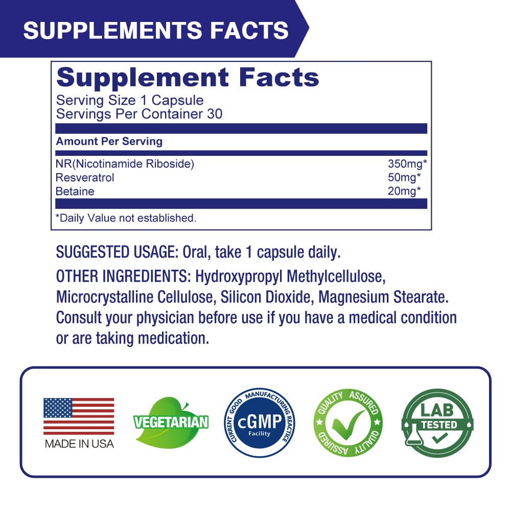 LOVITA NR Nicotinamide Riboside 350 mg NAD+ Support, Trans-Resveratrol & Betaine, 30 Capsules