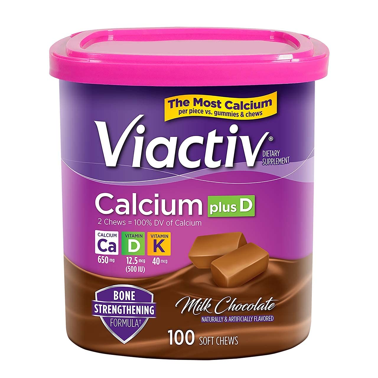 Viactiv Max Formula Calcium +Vitamin D3 Supplement for Bone Health Milk Chocolate Soft Chews 600