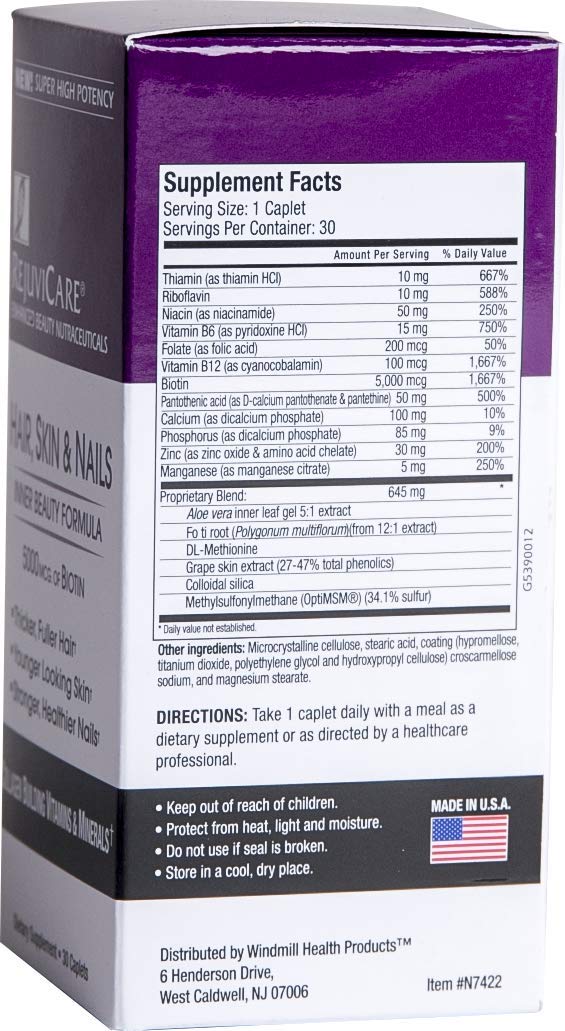 Rejuvicare Hair, Skin & Nails Beauty Formula with Biotin, Collagen Building Vitamins and Minerals Capsules 30
