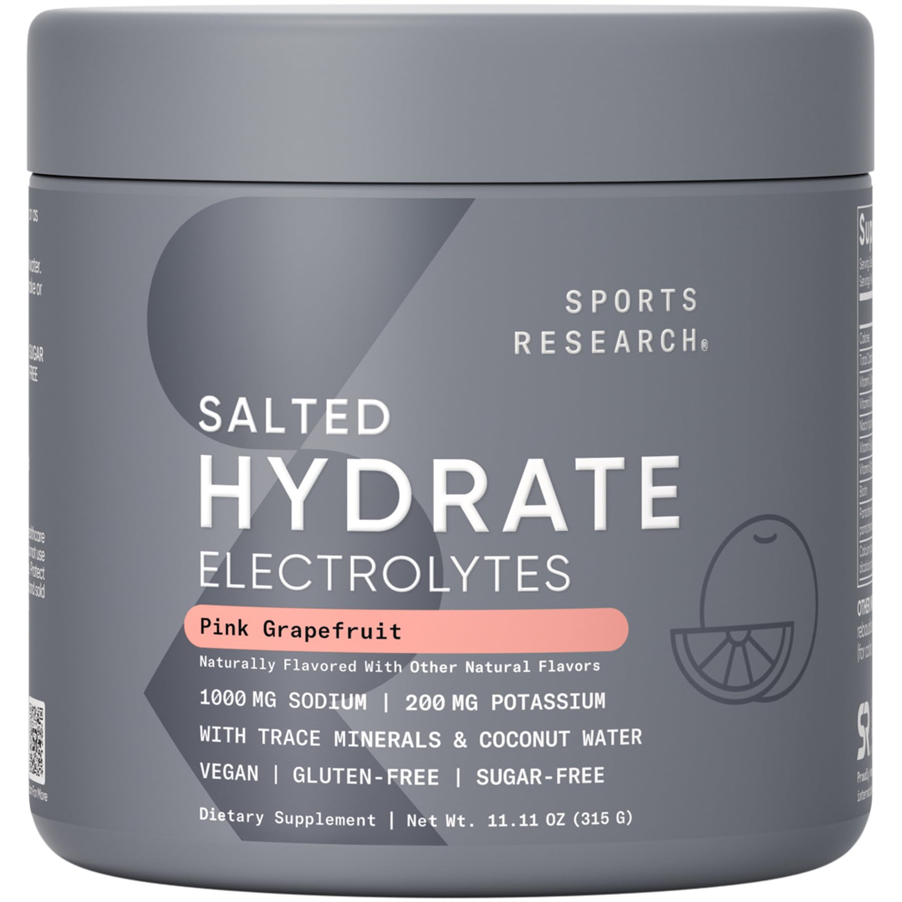 Sports Research Salted Hydrate Electrolytes Pink Grapefruit Powder 11.11 Ounce