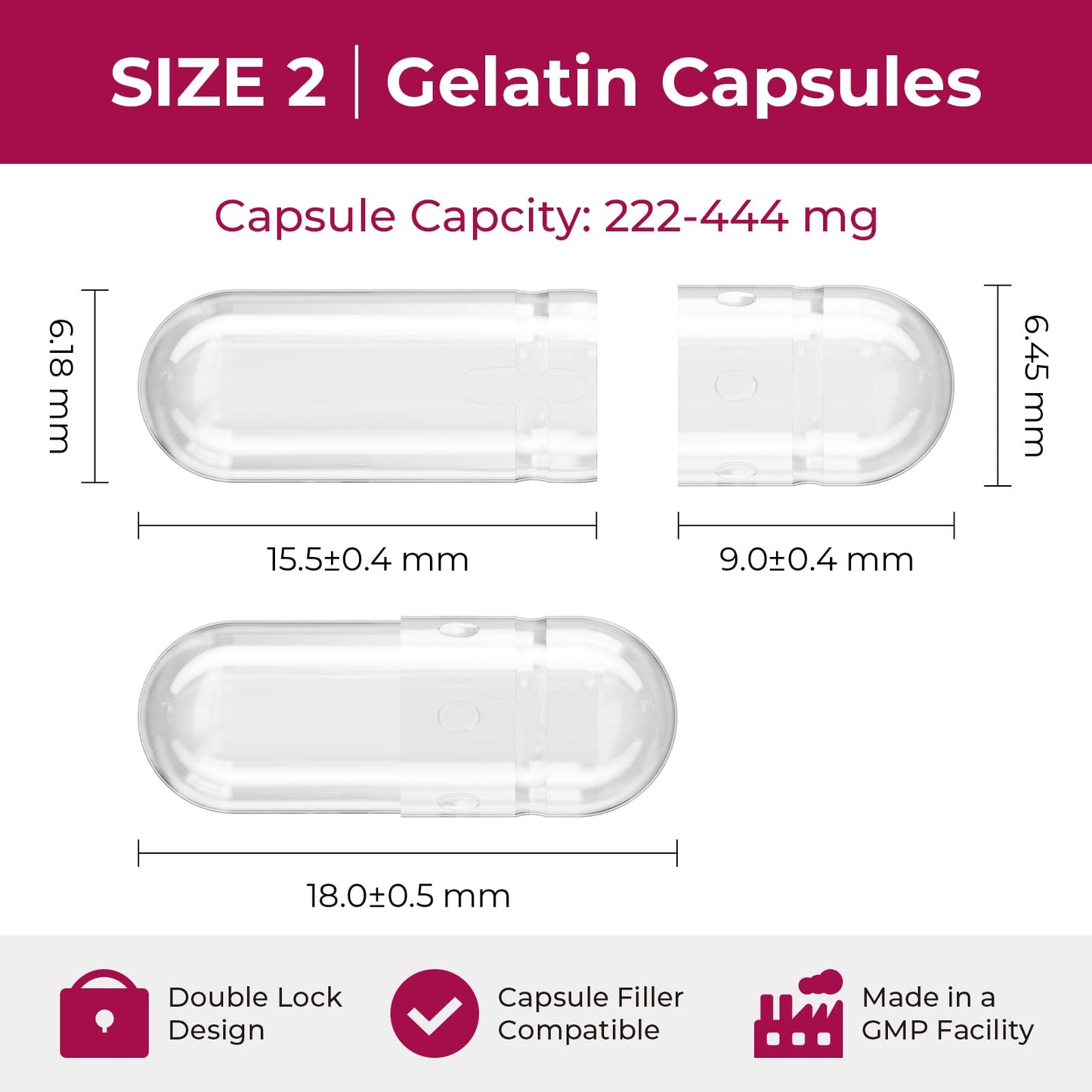 ATLEMISME Empty Gelatin Capsules Size 2, 100 Capsules
