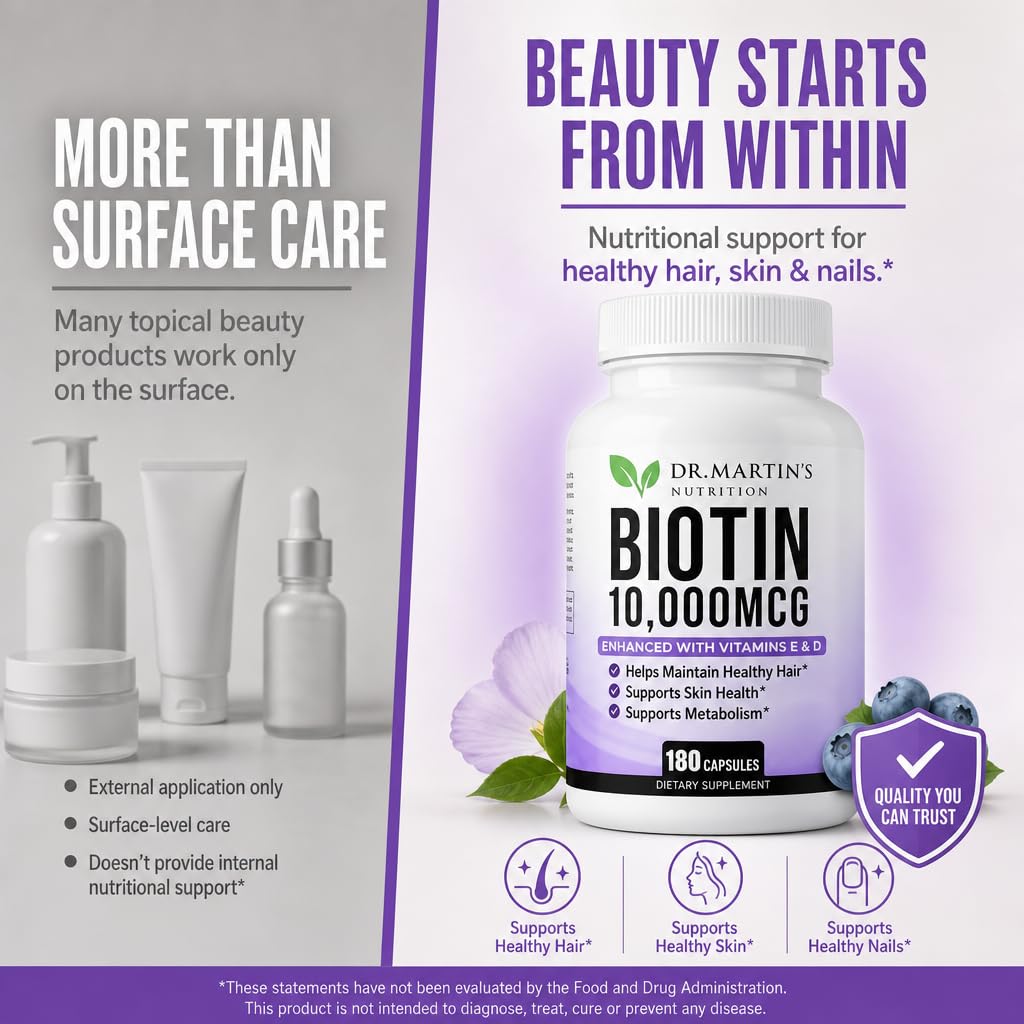 Dr. Martin's Nutrition Biotin 10000mcg Hair Skin & Nails Vitamins with Vitamin D3 & E, 180 Capsules