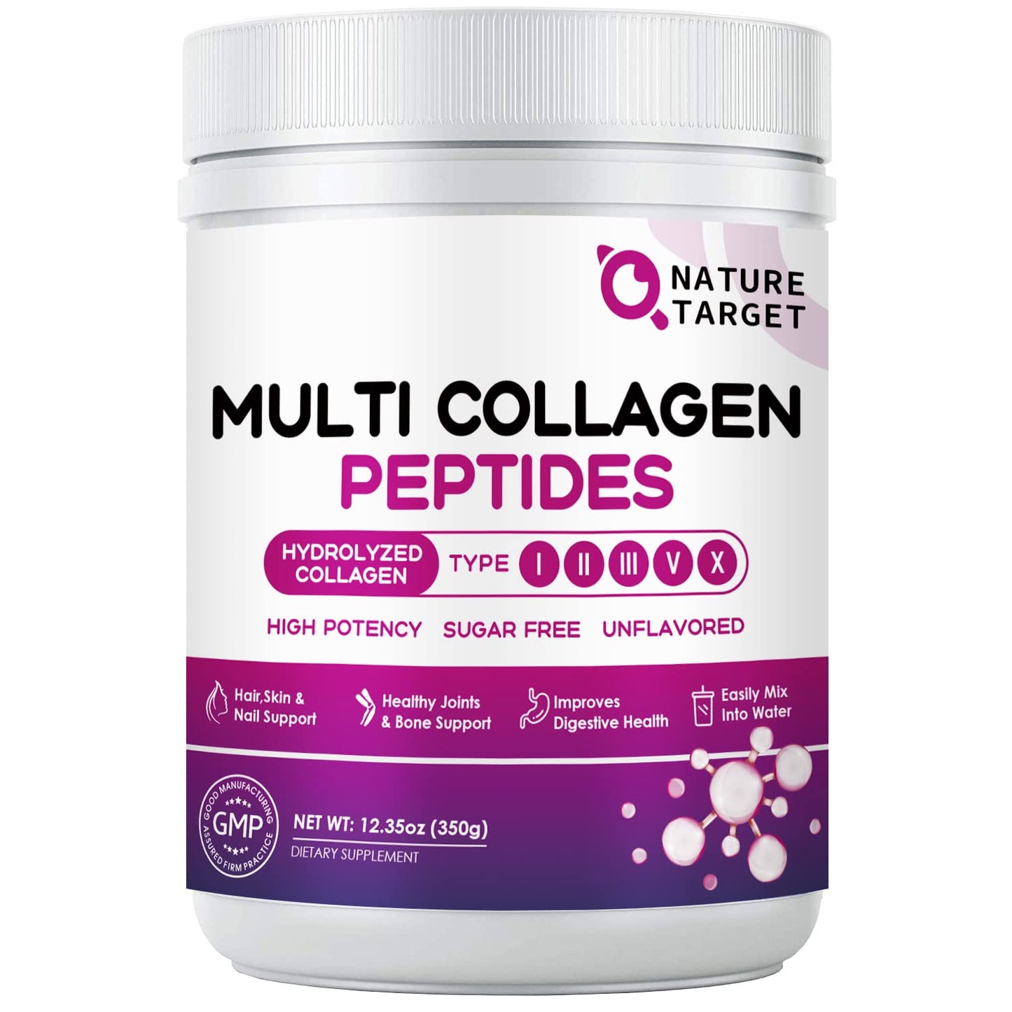 Nature Target Multi Collagen Peptides Powder - Type I, II, III, V, X, 12.35 oz