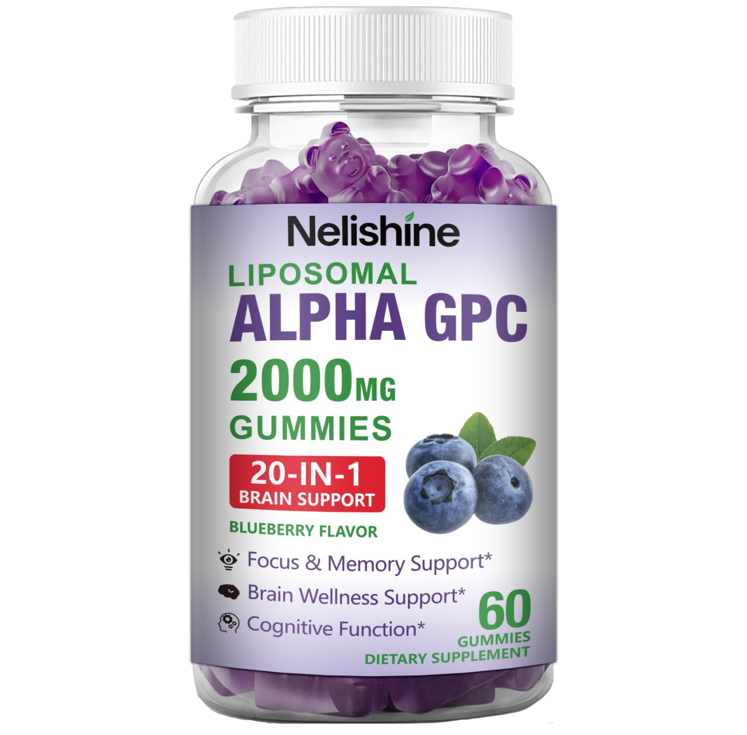 Nelishine Liposomal Alpha GPC 2000mg & Citicoline Gummies Complex, 20-in-1 Blend for Focus, Memory & Cognitive Support, 60 Gummies