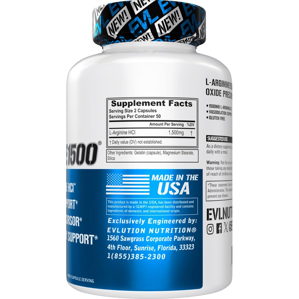 Evlution Nitric Oxide Booster L-Arginine Supplement, Capsule, 100 Count