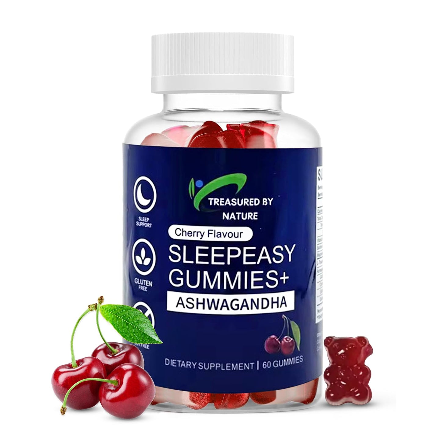 Treasured by Nature Sleep Easy Gummies Melatonin-Free Nighttime Relaxation Aid with Ashwagandha, Magnesium Citrate & L-Theanine Calming Stress Relief Supplement 60 Count