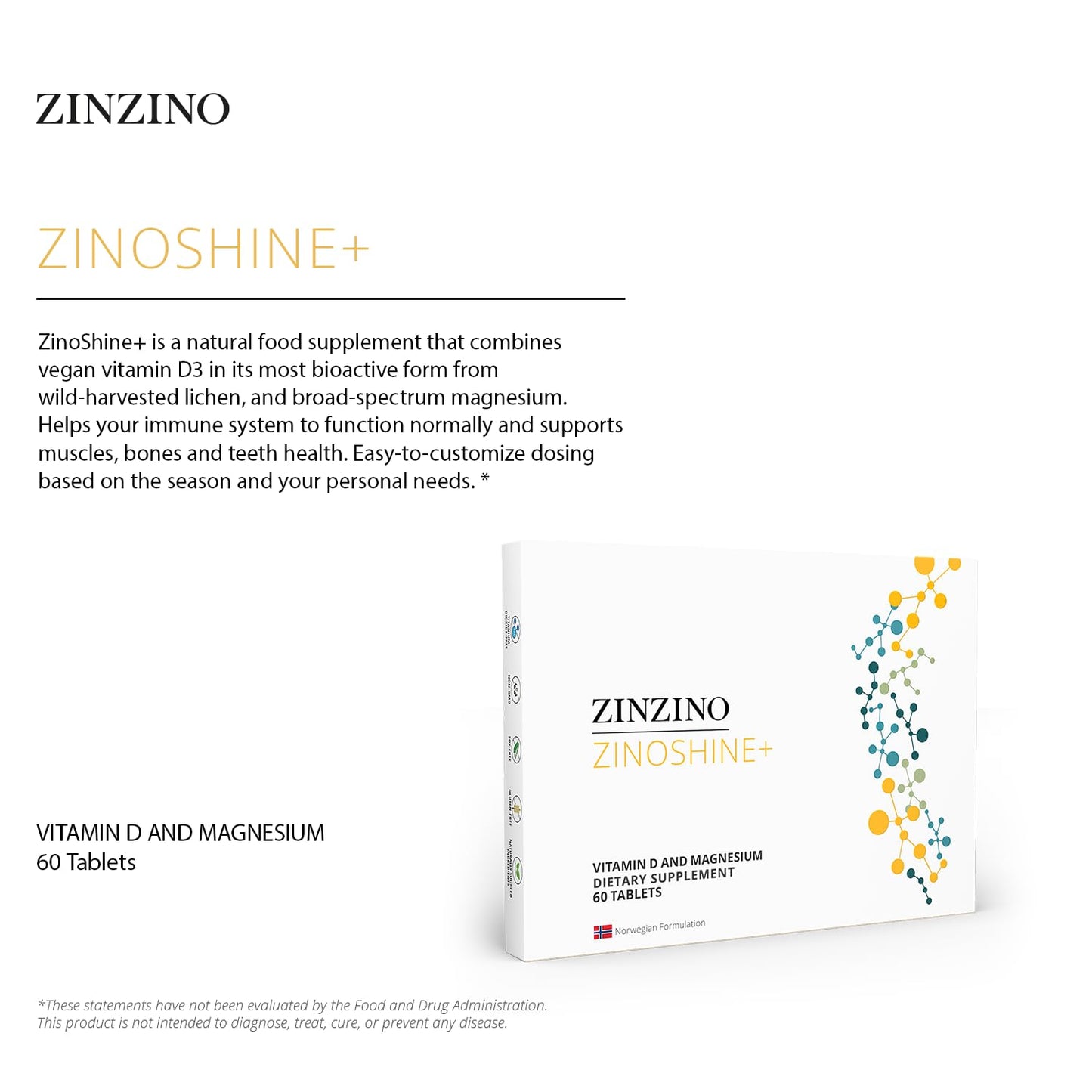 ZINZINO ZinoShine+ Vitamin D3 & Magnesium Supplement for Immune Support, Energy, Muscle, Bone & Teeth Health - Reduces Fatigue - 60 Tablets