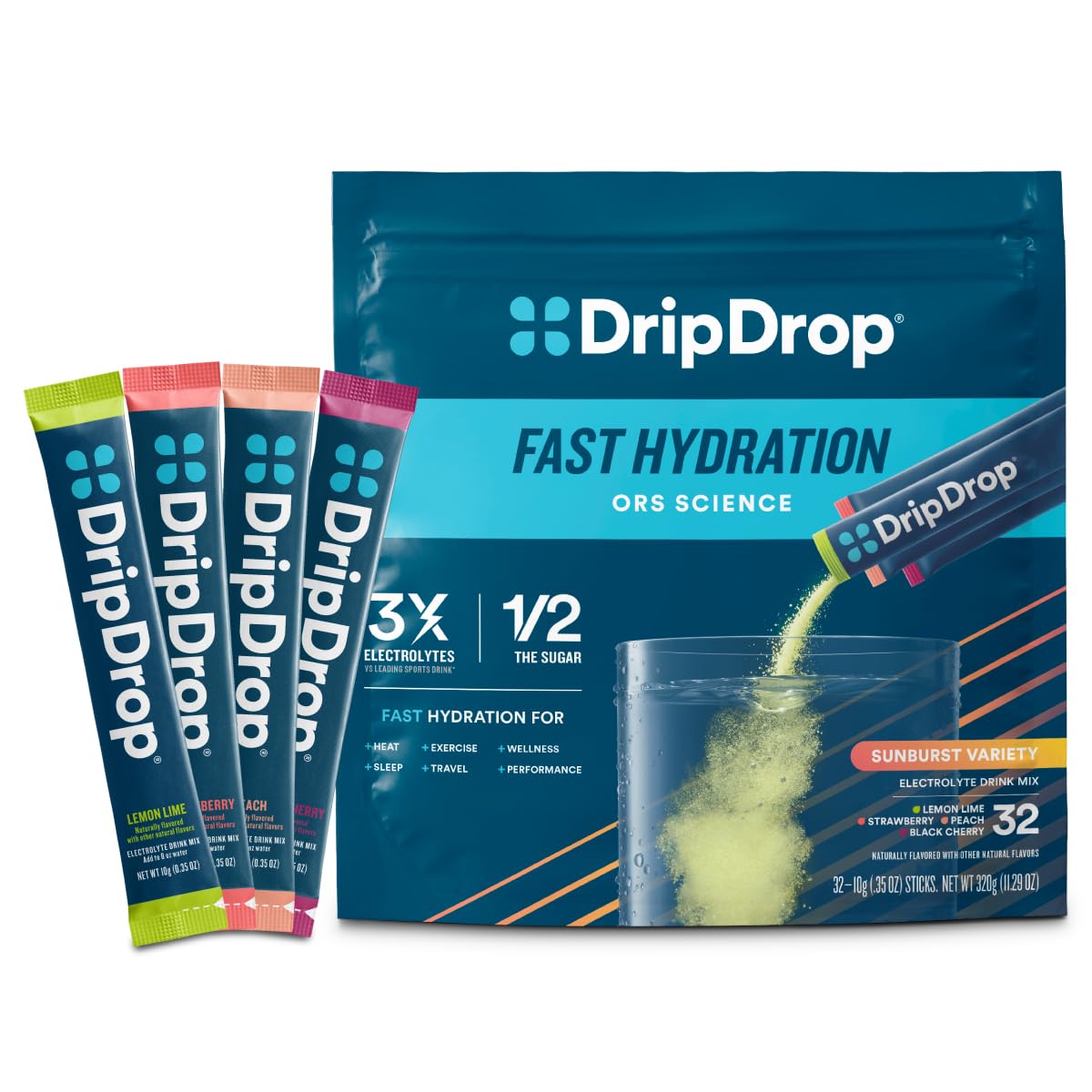 DripDrop Hydration Sunburst Variety Pack Electrolyte Packets Powder, 32 Count