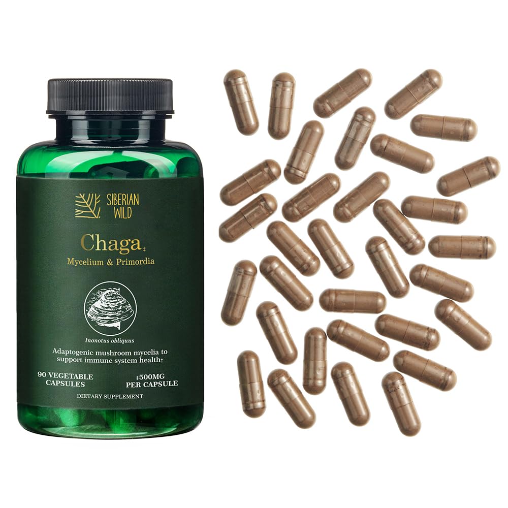 Siberian Wild White Chaga Mycelium Primordia Mushrooms 1500mg Capsules 90 Count