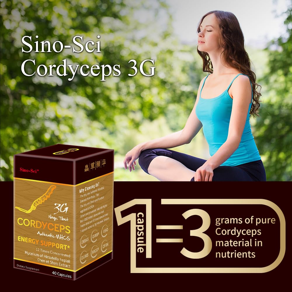 Sino-Sci Cordyceps 3G Capsule, Energy Booster & Immune Support, Pure Cordyceps 12X Extract, 40 Capsules