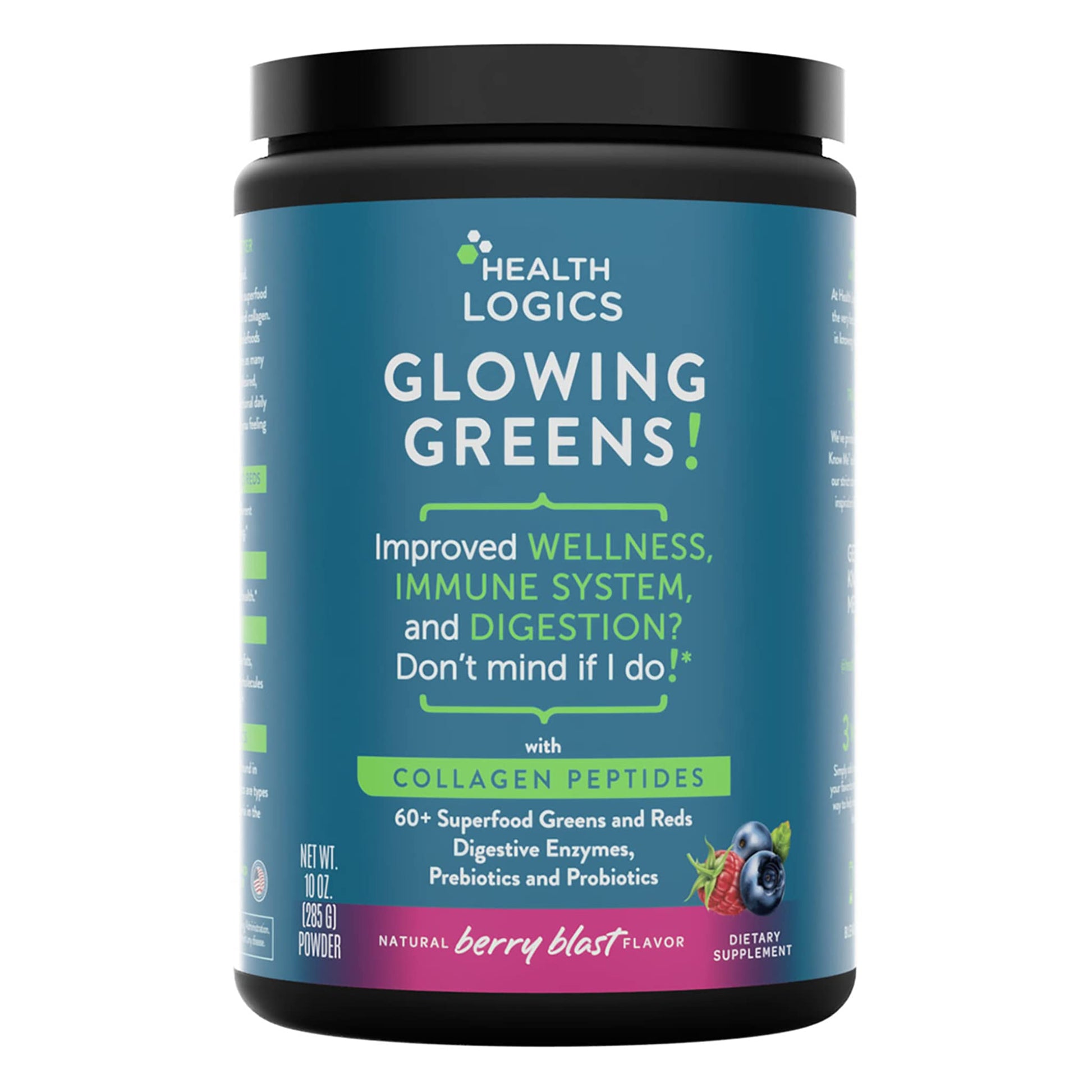 Health Logics Glowing Greens Superfood Powder with Collagen Peptides, Digestive Enzymes, Prebiotics and Probiotics, 10.03 Ounce