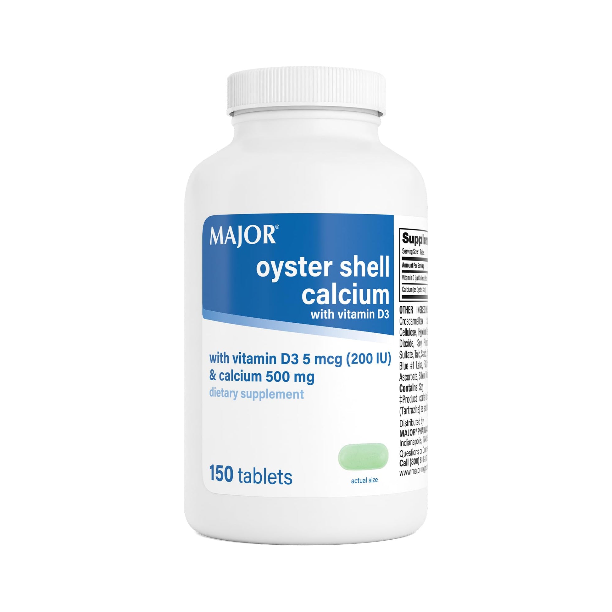 MAJOR Oyster Shell Calcium 500mg with Vitamin D3 200IU (5 mcg) Gluten-Free Daily Vitamin D Dietary Supplement for Bone Health and Calcium Absorption, 150 Tablets