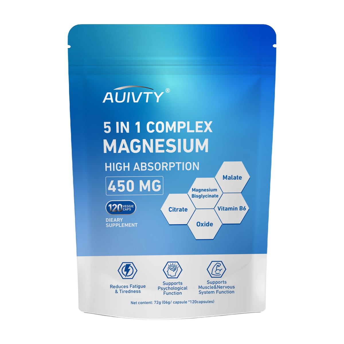 Auivty 5-in-1 Magnesium Complex 450 mg, High Absorption Magnesium Glycinate, Malate & Citrate with Vitamin B6, Muscle, Nerve & Relaxation Support, Capsules, 120