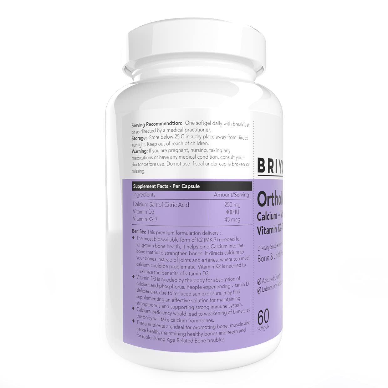 Briyosis Orthomax Vitamin D3 & K2-M7 + Calcium Dietary Supplement Capsules, 60 Capsules