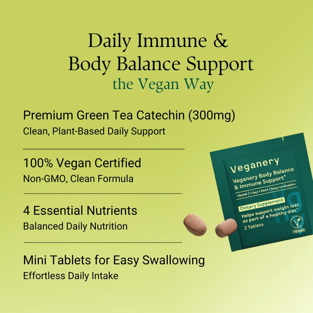 Veganery Immune Support & Body Balance Supplement – Vegan Formula with Green Tea Extract, Daily Wellness for Metabolism & Energy, Convenient Mini Tablets, 1 Tablet