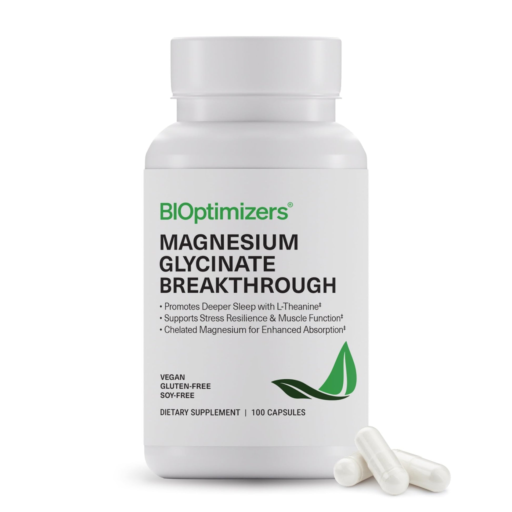 BIOptimizers Magnesium Glycinate 350 mg with L-Theanine & B6 Capsules, 100 Capsules