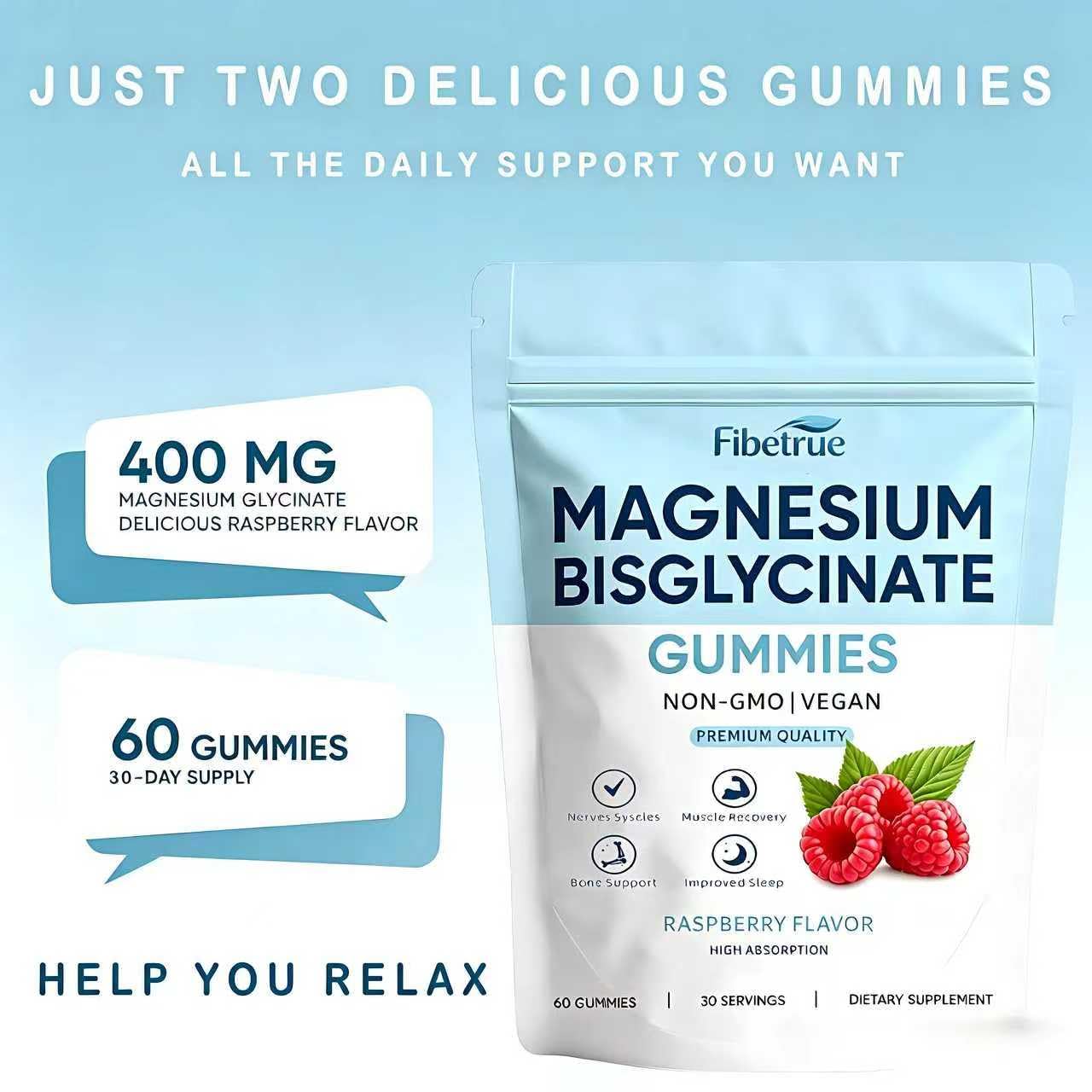Fibetrue Magnesium Glycinate Gummies 400mg High Absorption Chelated Magnesium for Sleep, Muscle & Nerve Support, Vegan Raspberry Flavor, 60 Gummies