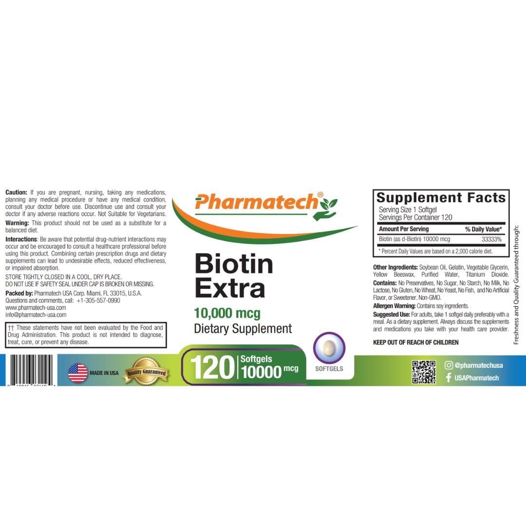 PHARMATECH Biotin Vitamin for Hair Growth, Biotin 10000mcg, Softgel, 120 Softgels