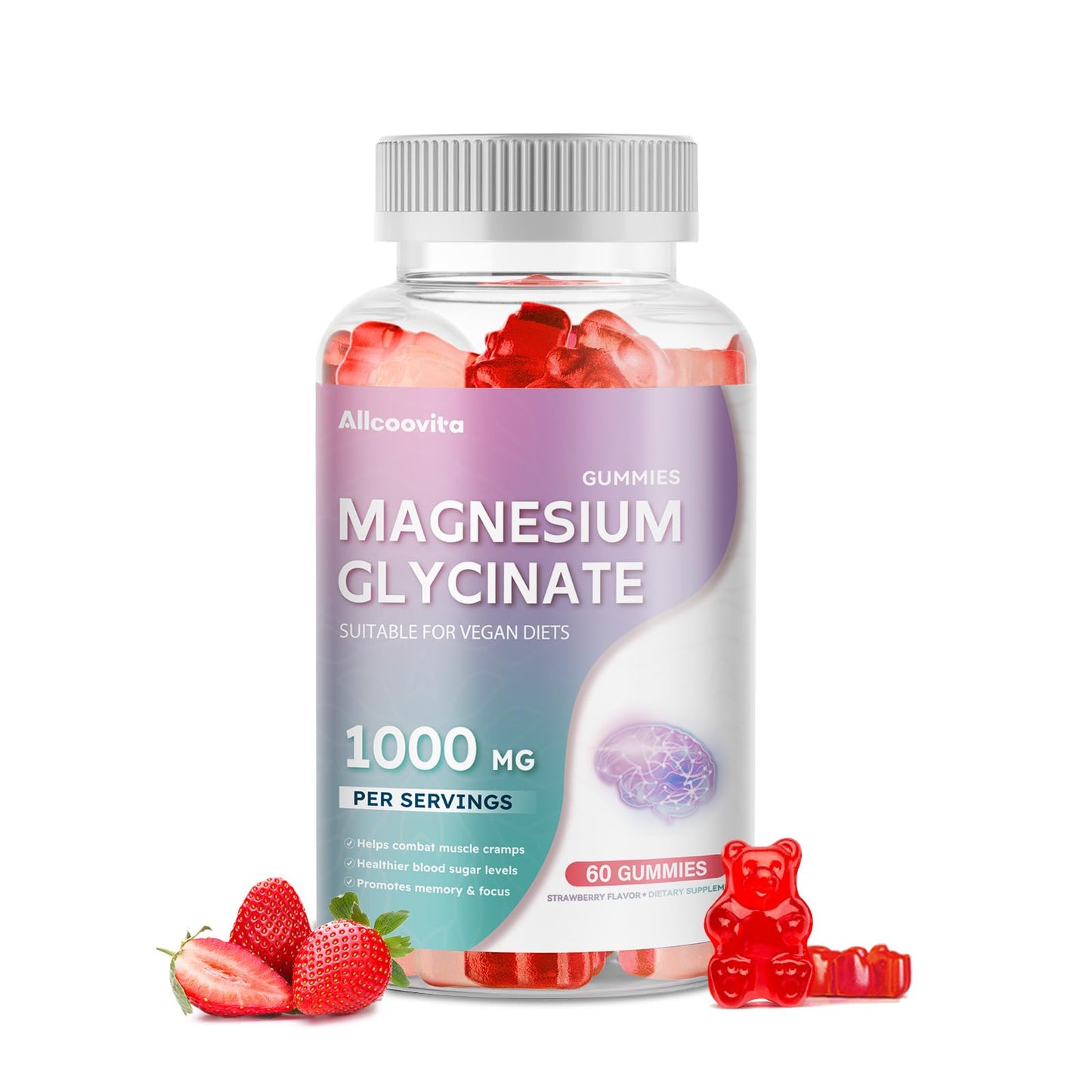 Allcoovita Magnesium Glycinate Gummies 1000mg Sugar Free with Vitamin D, B6 & CoQ10 for Calm Mood & Sleep Support, 60 Gummies