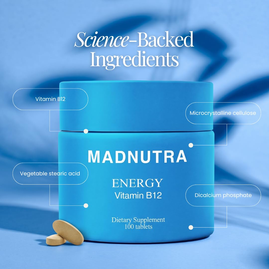 MadNutra Vitamin B12 500 mcg Methylcobalamin - High Potency for Energy, Nervous System & Metabolism Support, Non-GMO, 100 Tablets