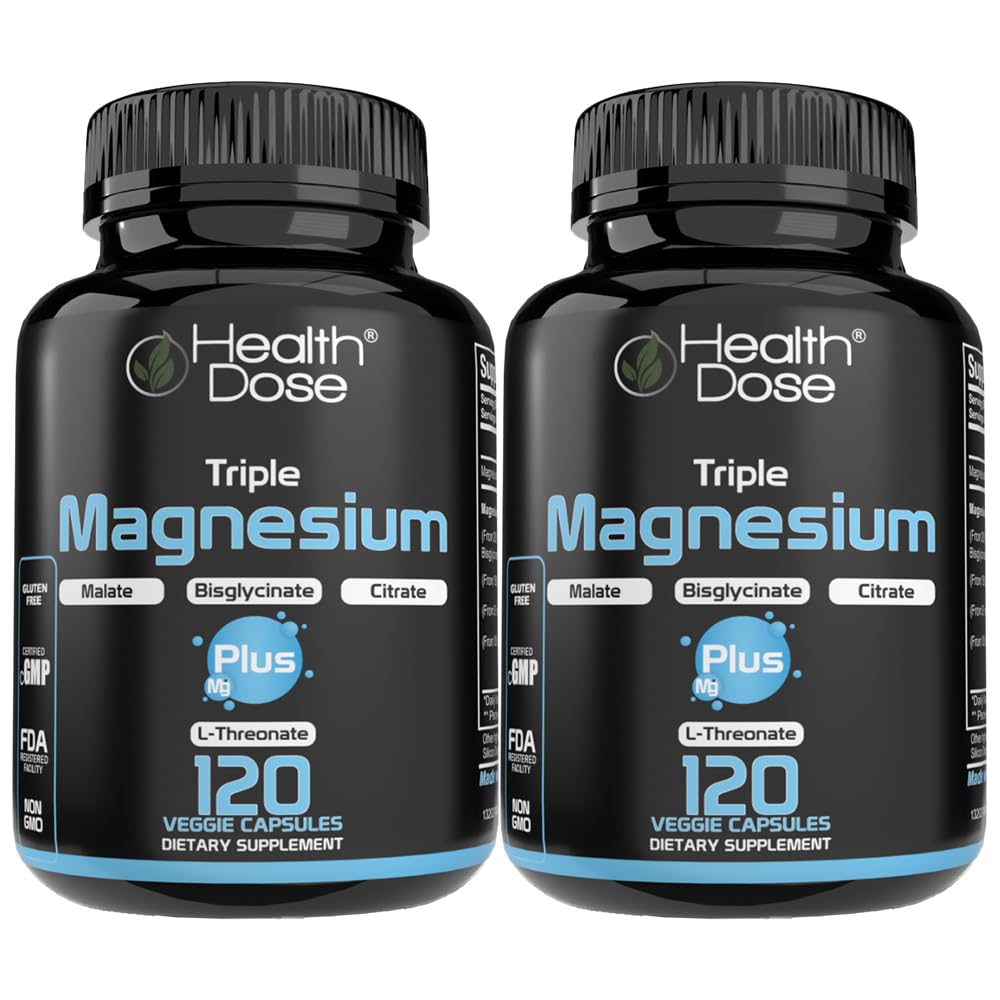 Health Dose Triple Magnesium Complex 1000 mg L-Threonate, Bisglycinate, Citrate & Malate Blend Capsules, 120 Count