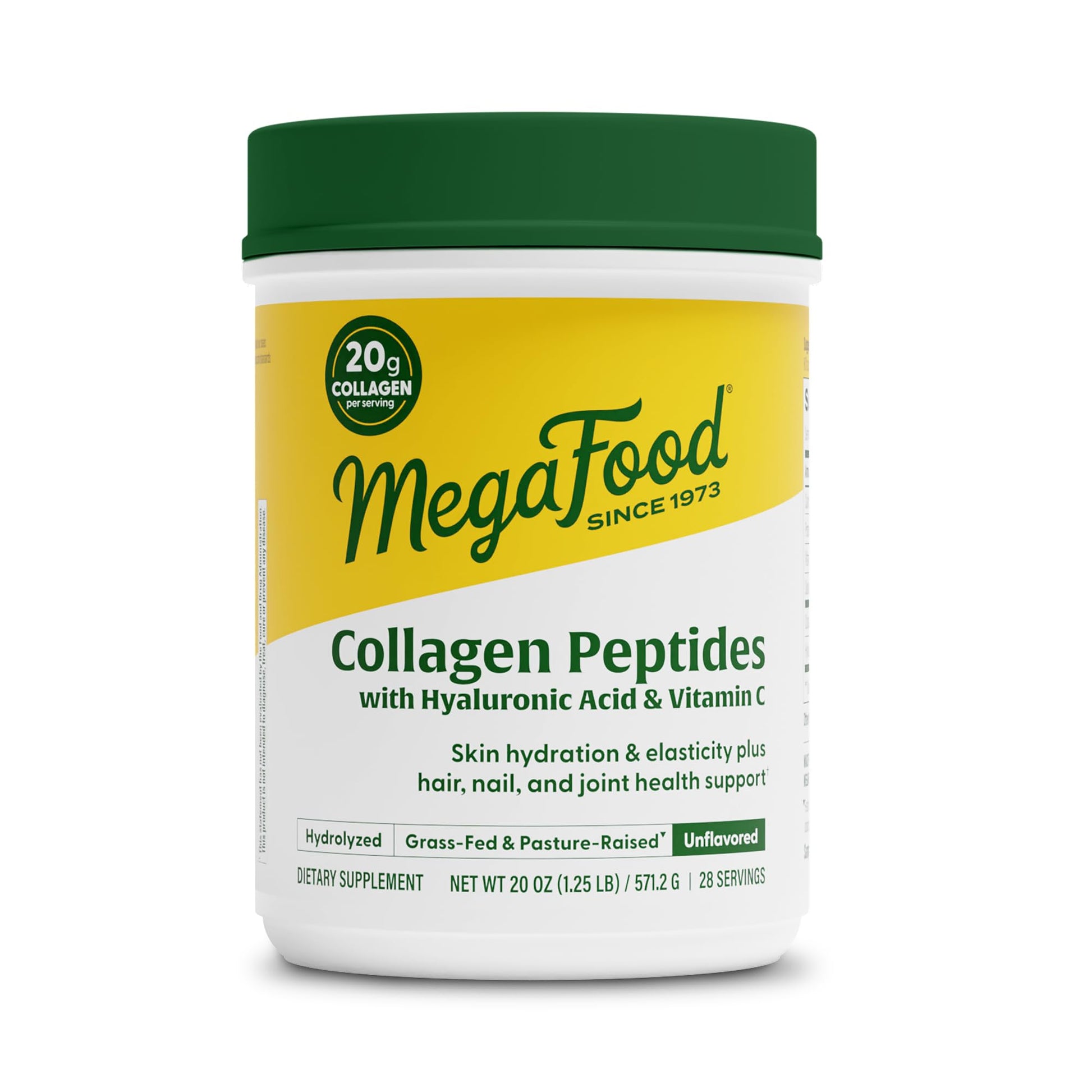 MegaFood Collagen Peptides for Women & Men - Unflavored Collagen Powder with Hyaluronic Acid & Vitamin C - Supports Skin Hair Nails & Joint Health - Grass-Fed Bovine Collagen - 20g