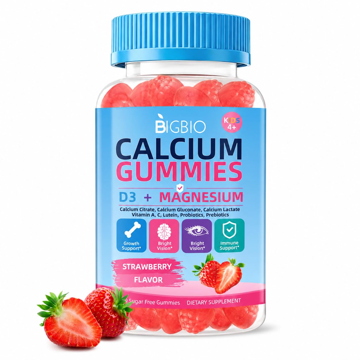BIGBIO Kids Calcium Gummies with D3 & Magnesium, Probiotics & Prebiotics, Bone & Muscle Support, Vision & Immune Health, Sugar-Free, Strawberry Flavor, 90 Gummies