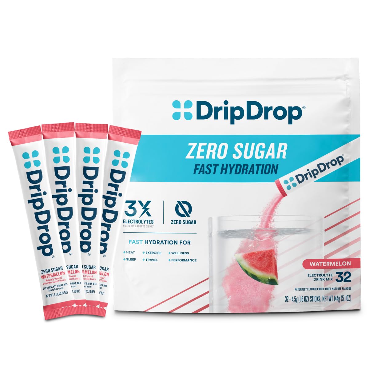 DripDrop Hydration Sugar Free Electrolyte Packets Watermelon Powder 32 Count