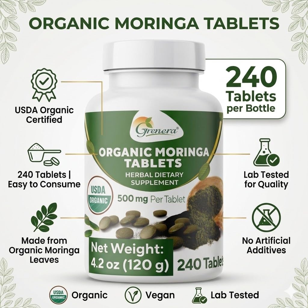 Grenera Organic Moringa Tablets, 500mg per Tablet, 240 Tablets