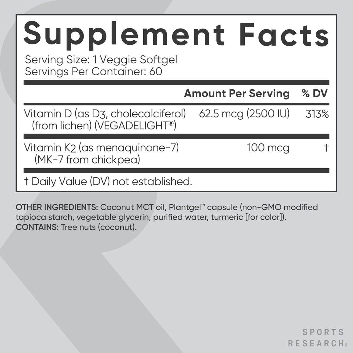 Sports Research Vitamin D3 + K2 with Coconut Oil Softgels, 60 Count