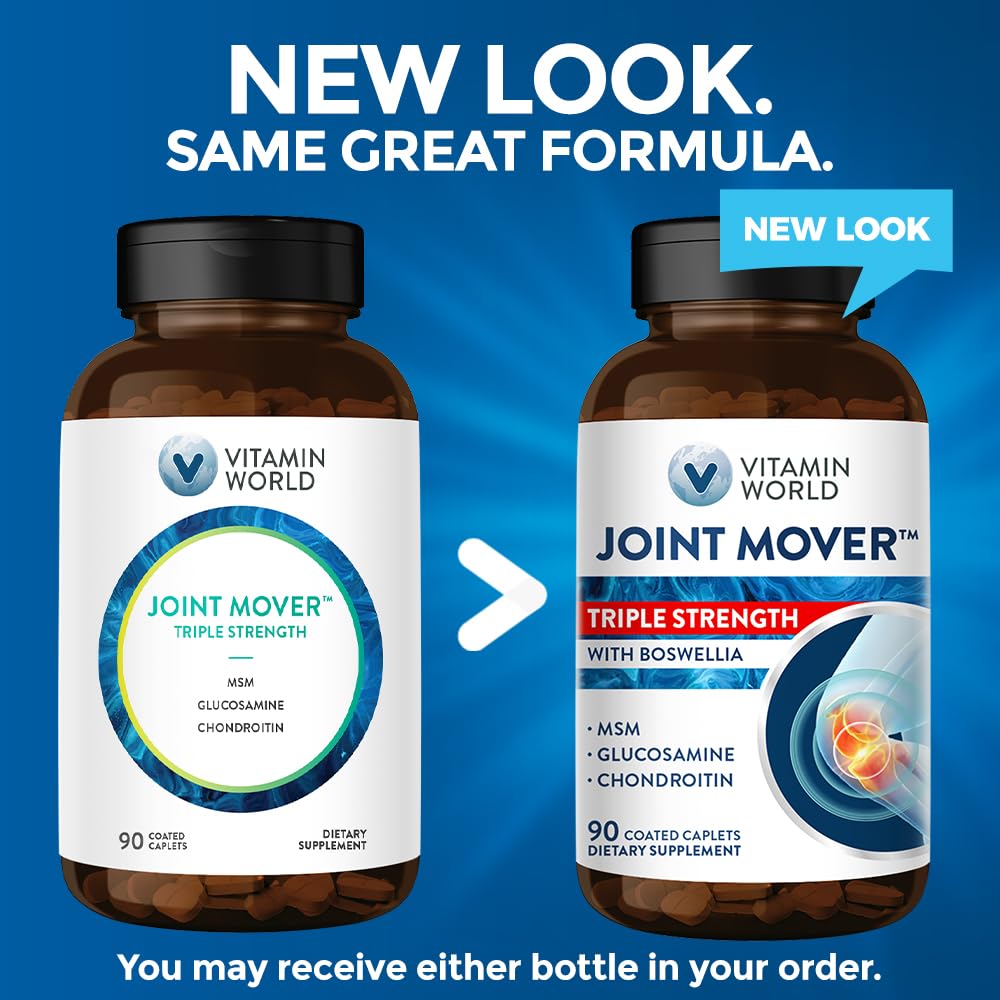 Vitamin World Triple Strength Joint Mover, Glucosamine Chondroitin with MSM Joint Support Supplement, Collagen & Boswellia Serrata Extract, Support Joint Strength, Comfort & Flexibility Caplets 90