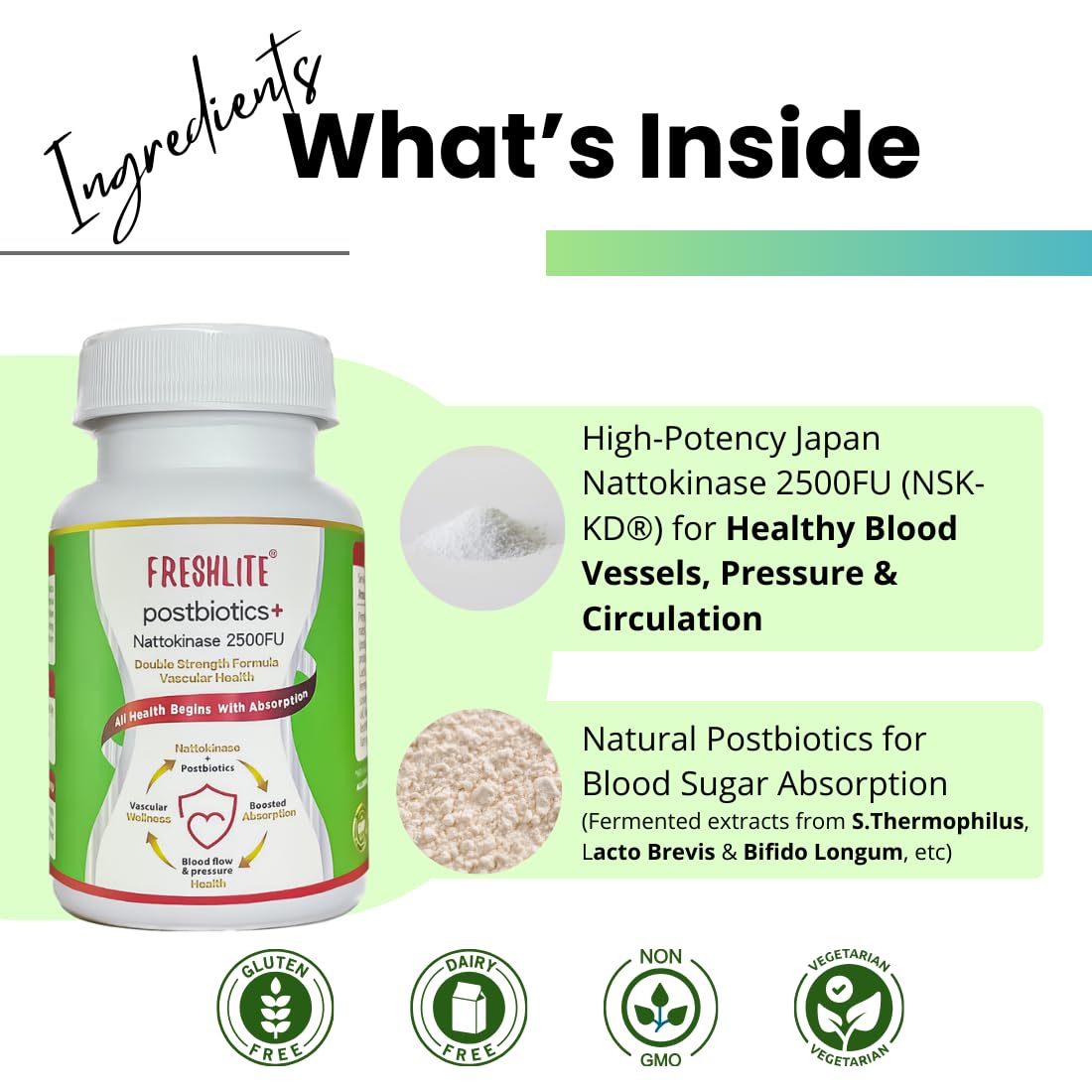 FRESHLITE Blood Pressure, Sugar Levels & Cardio Health Nattokinase 2500FU + Natural Postbiotics Capsule, 60 Count