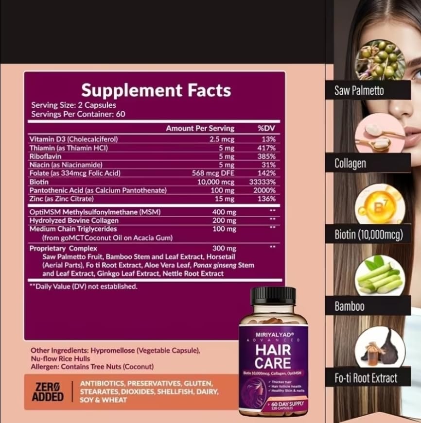 Generic Advanced Hair Care Biotin 10,000mcg with Collagen & OptiMSM, Hair, Skin & Nails Support, 60 Capsules