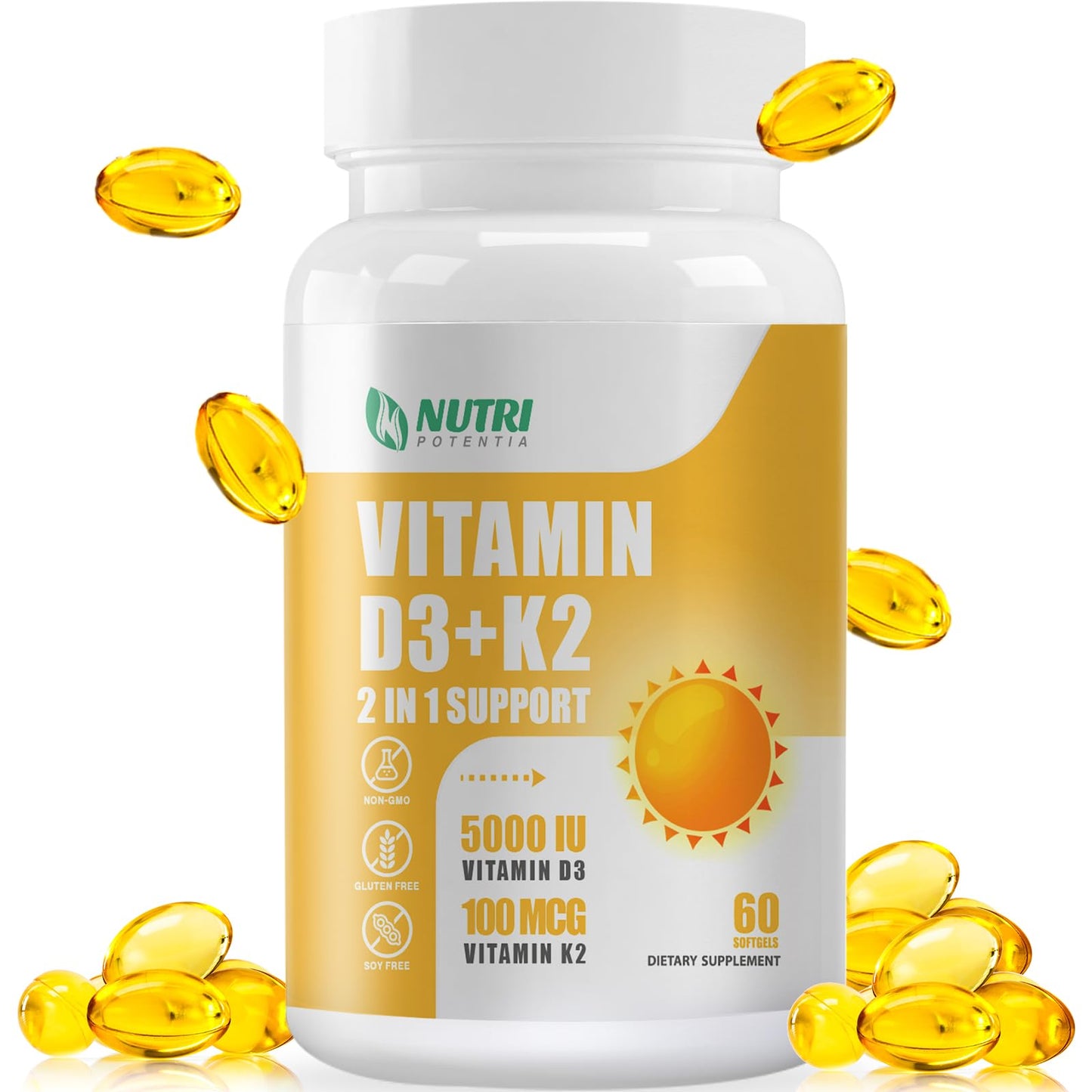 NUTRI POTENTIA Vitamin D3 K2 with MCT Oil Softgels 60 Count