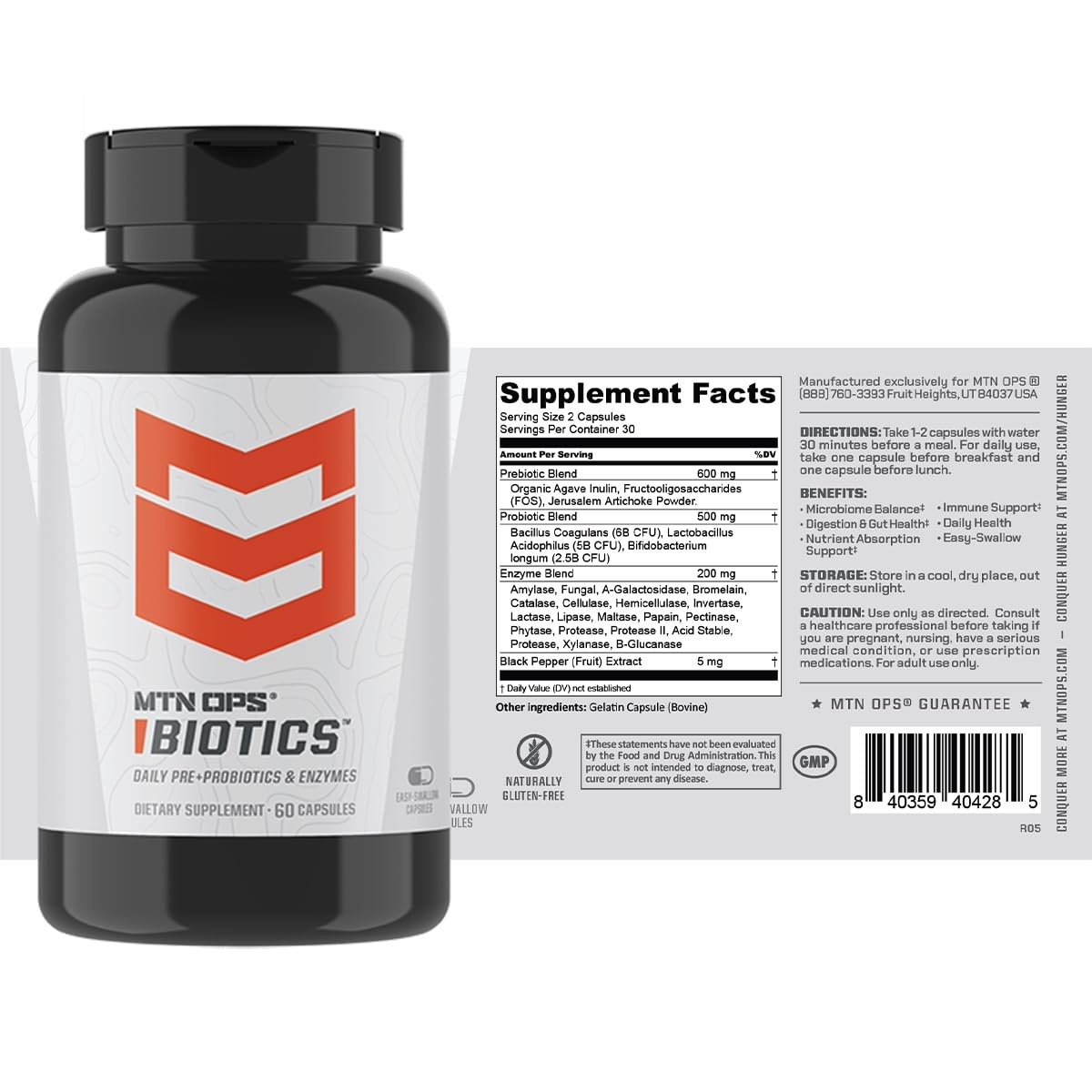 MTN OPS Biotics Daily Probiotic, Maca Root, Boswellia, Reishi Mushroom Capsules, Prebiotic with American Ginseng, 30 Capsules